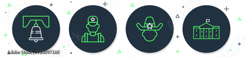 Set line Sheriff cowboy, Liberty bell in Philadelphia and United States Capitol Congress icon. Vector