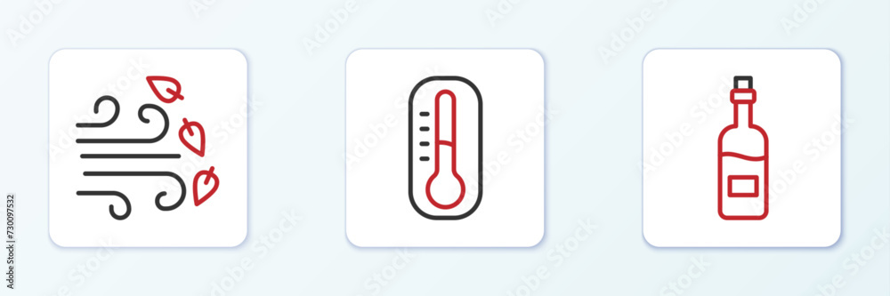 Set line Bottle of wine, Windy weather and Thermometer icon. Vector Set line Bottle of wine, Windy weather and Thermometer icon. Vector