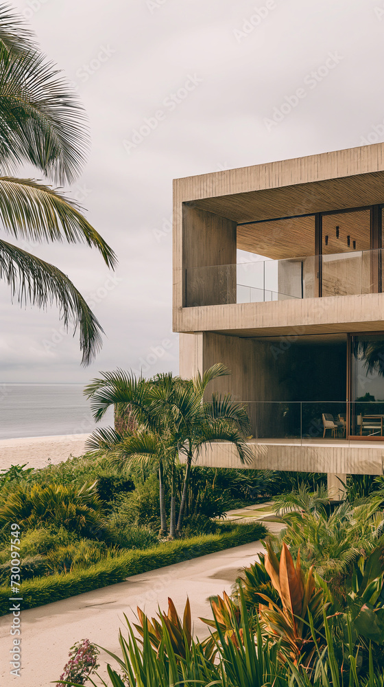 Fototapeta premium Modern concrete home building on tropical beach
