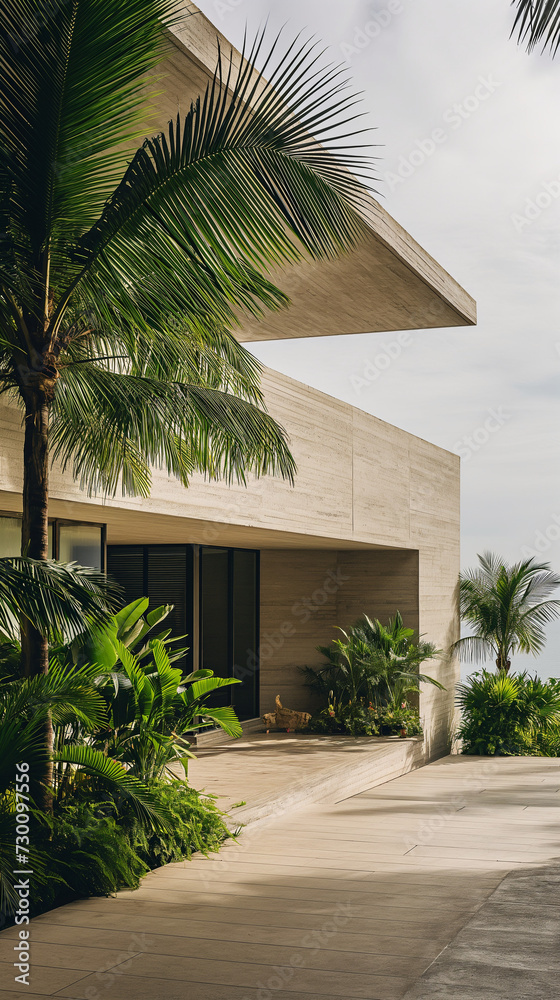 Modern concrete home building on tropical beach