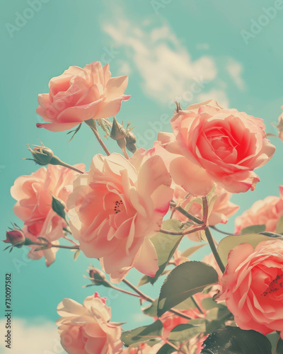 Pink roses in the sunshine vintage wallpaper. Light orange and sky-blue. Retro vibe aesthetic. Essence of nature.