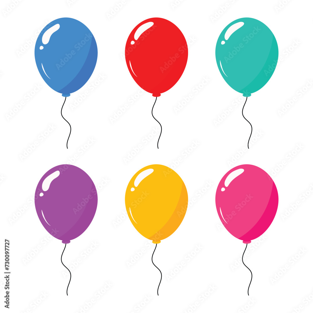 Balloons in cartoon flat style isolated set on white background - stock vector. Birthday balloons set. 