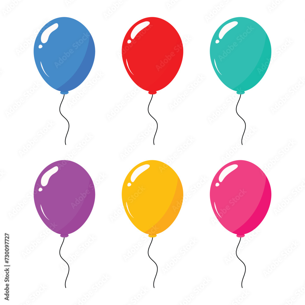 Balloons in cartoon flat style isolated set on white background - stock vector. Birthday balloons set. Balloons in cartoon flat style isolated set on white background - stock vector. Birthday balloons set.