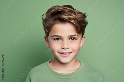 Portrait of a cute little boy with hairstyle on a green background