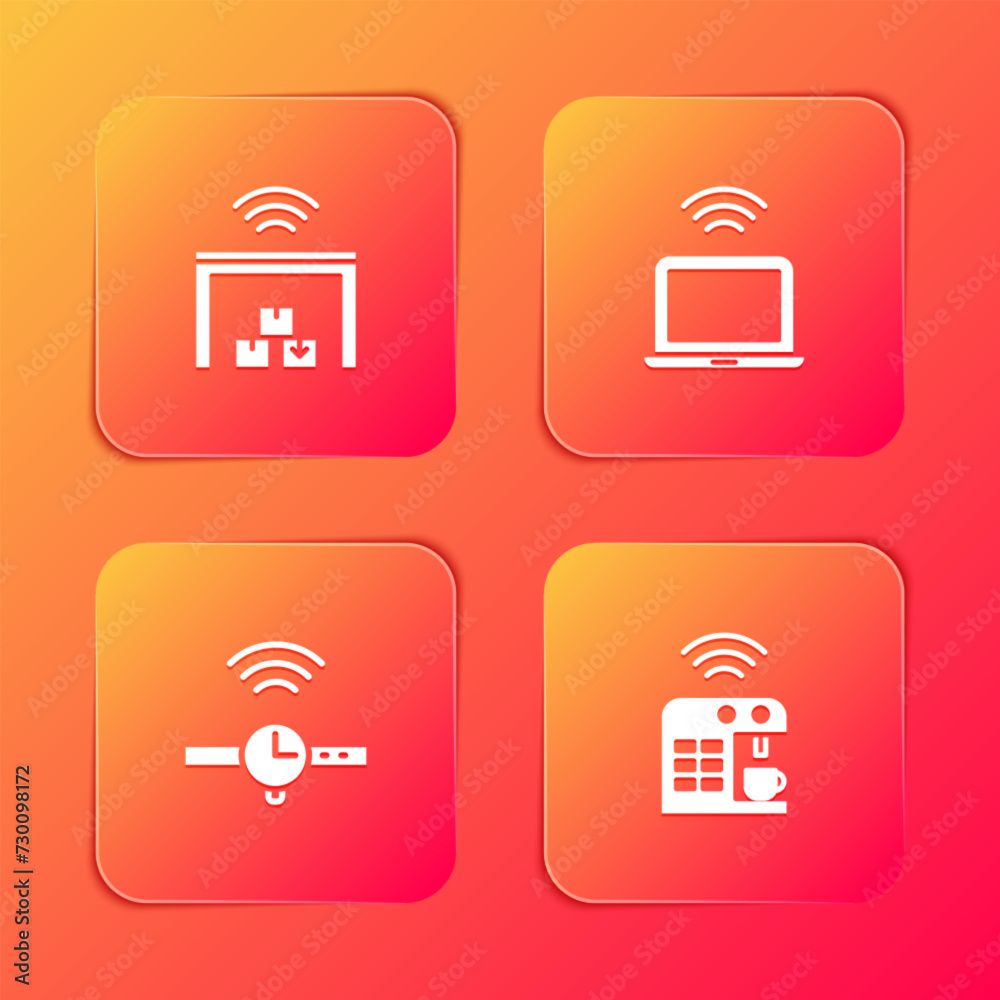 Set Smart warehouse, Wireless laptop, Smartwatch and coffee machine icon. Vector