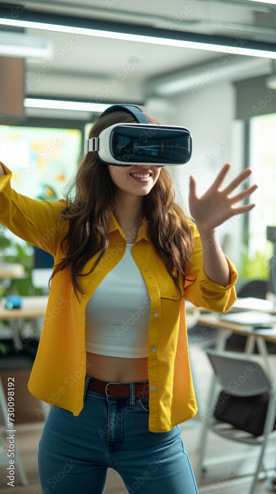 A woman is wearing a futuristic virtual headset in the office and gesturing in order to stear the immersive digital content she is experiencing