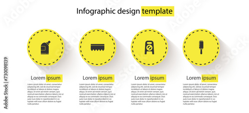 Set Bottles for cleaning agent, Sponge with bubbles, Wet floor and progress and Adhesive roller. Business infographic template. Vector