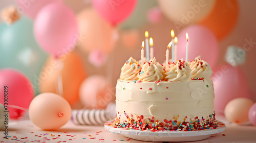 A festive delicious birthday cake with candles  balloons and confetti