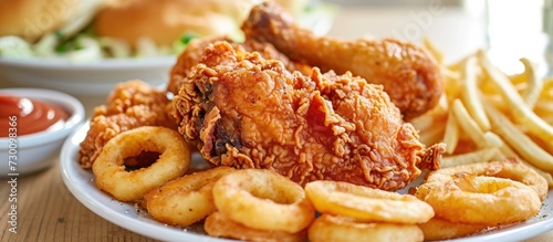 Fried chicken with chips and onion rings.