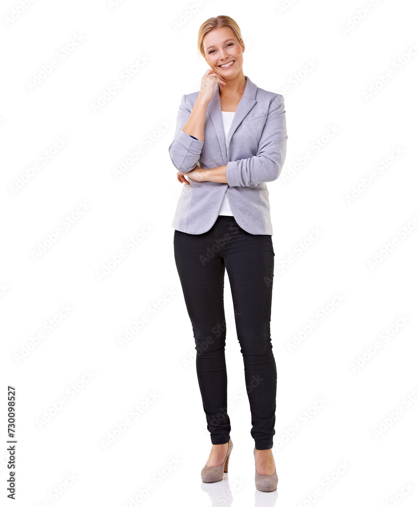 Portrait, smile and confident business woman in studio isolated on white background for positive mindset. Work, job and fashion for corporate career with happy young employee in professional suit Portrait, smile and confident business woman in studio isolated on white background for positive mindset. Work, job and fashion for corporate career with happy young employee in professional suit
