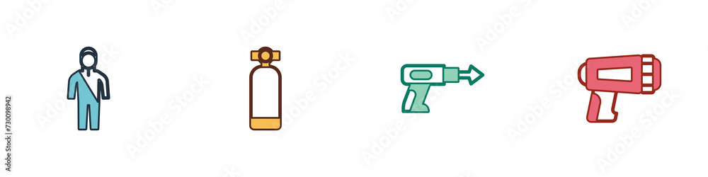 Set Wetsuit for scuba diving, Aqualung, Fishing harpoon and Flashlight diver icon. Vector Set Wetsuit for scuba diving, Aqualung, Fishing harpoon and Flashlight diver icon. Vector