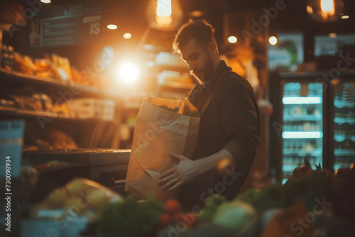 Portrait of young man holding paper bag with food in grocery store