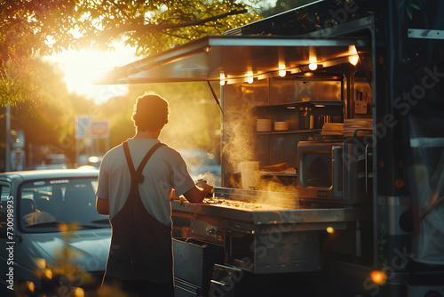 Food truck. Young man in apron standing near the food truck at sunset