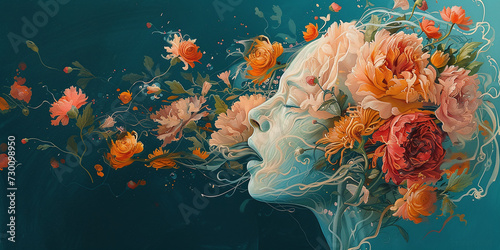 profile of a girl's face with different flowers on her head. Concept of dream, meditation, transcendental consciousness and creative mind or mental problems. photo