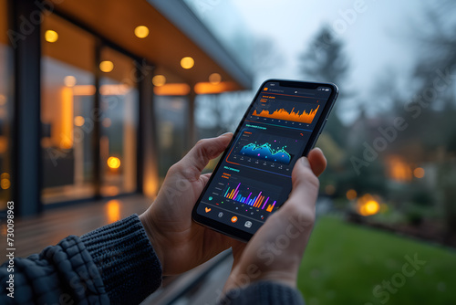 male hands holding a smartphone with smarthome application on the screen.