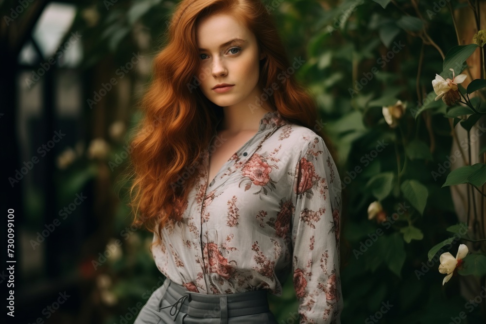 Beautiful redhead girl posing in the garden. Fashion shot. Beautiful redhead girl posing in the garden. Fashion shot.
