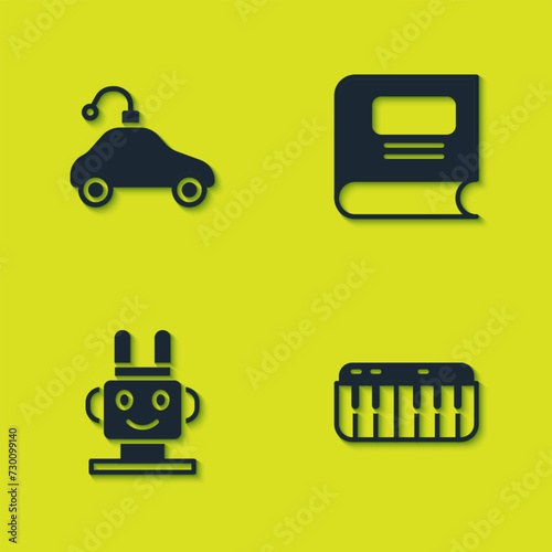 Set Radio controlled car toy, Music synthesizer, Robot and Book icon. Vector