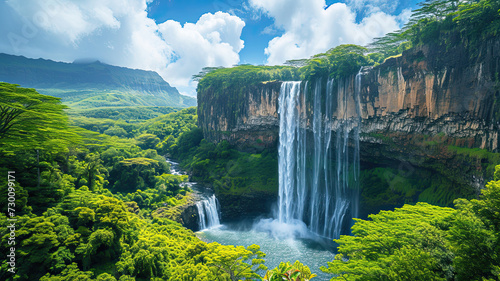 Aerial view of a powerful waterfall cascading down a steep cliff into a verdant valley  surrounded by expansive greenery. 