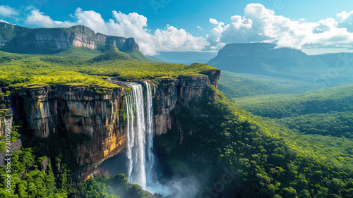Aerial view of a powerful waterfall cascading down a steep cliff into a verdant valley  surrounded by expansive greenery. 