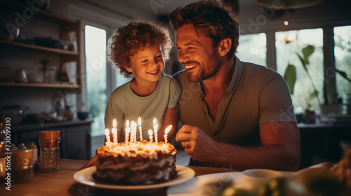 Father and son blowing out candles on birthday cake  family celebration