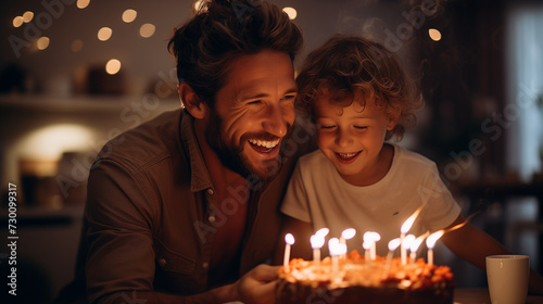 Father and son blowing out candles on birthday cake, family celebration