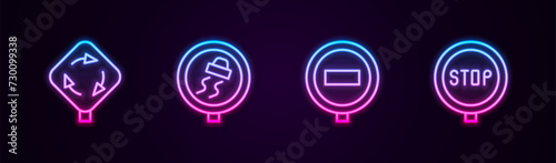 Set line Roundabout traffic sign, Slippery road, Stop and . Glowing neon icon. Vector