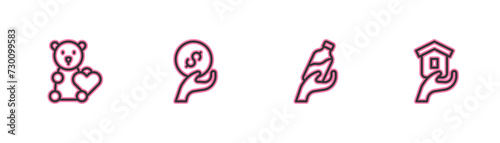Set line Donate child toys, Donation water, and charity and Shelter for homeless icon. Vector