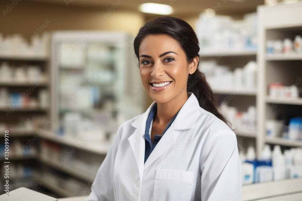 Female pharmacist standing behind a counter in a pharmacy, wearing a white lab coat. Female pharmacist standing behind a counter in a pharmacy, wearing a white lab coat.