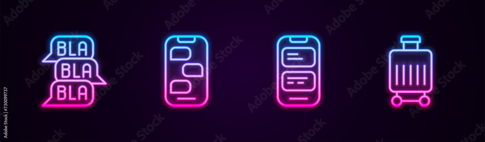 Set line Speech bubble chat, New messages notification, Online translator and Suitcase. Glowing neon icon. Vector Set line Speech bubble chat, New messages notification, Online translator and Suitcase. Glowing neon icon. Vector