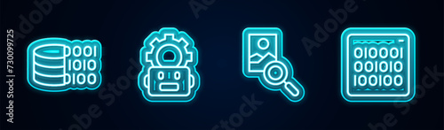 Set line Binary code, Robot setting, Photo retouching and . Glowing neon icon. Vector