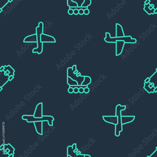 Set line Roller skate, Toy plane and Skateboard on seamless pattern. Vector