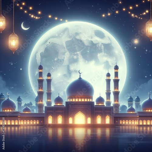 Ramadan greetings with a beautiful mosque with a moon-night view Crescent Moon on background