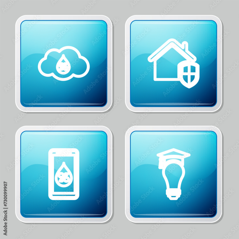 Set line Humidity, House under protection, for smart home and Light bulb and graduation cap icon. Vector