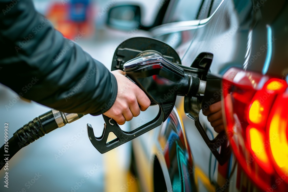 Pouring fuel, close up image of a hand filling up a car with gas at a gas station - obrazy, fototapety, plakaty 