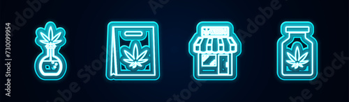 Set line Test tube with marijuana, Shopping bag of, Marijuana and cannabis store and Medical bottle. Glowing neon icon. Vector
