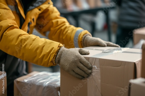 hands of a worker moving cardboard boxes in a warehouse, packing boxes and securing with tape