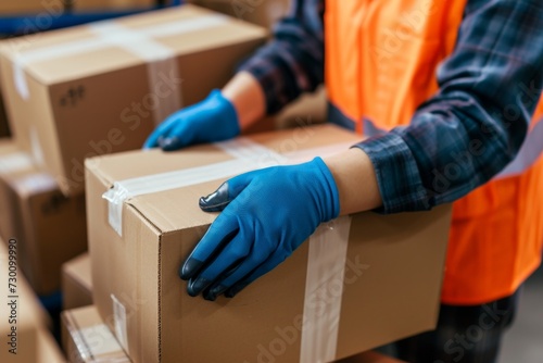 hands of a worker moving cardboard boxes in a warehouse, packing boxes and securing with tape