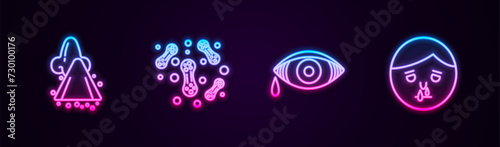 Set line Runny nose, Bacteria, Reddish eye allergic conjunctivitis and . Glowing neon icon. Vector