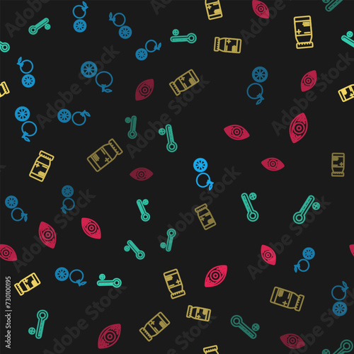 Set line Orange fruit, Medical digital thermometer, Medicine bottle and pills and Reddish eye allergic conjunctivitis on seamless pattern. Vector
