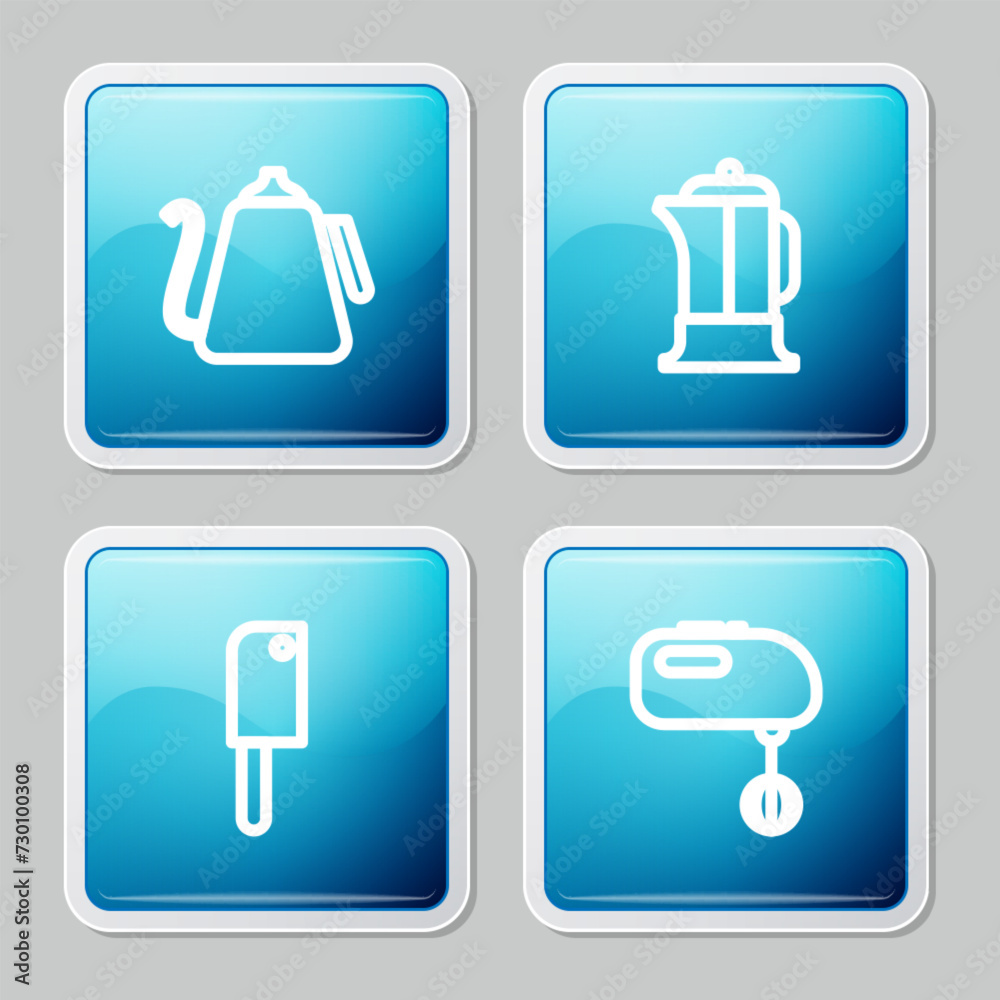 Set line Kettle with handle, French press, Meat chopper and Electric mixer icon. Vector Set line Kettle with handle, French press, Meat chopper and Electric mixer icon. Vector