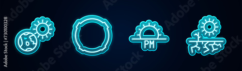 Set line Earth globe and sun, Moon, Sunset and Drought. Glowing neon icon. Vector