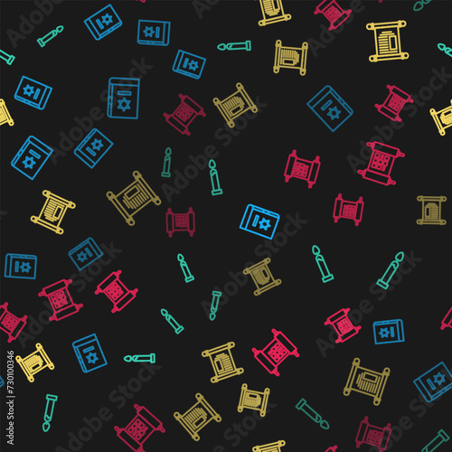Set line Jewish torah book, Burning candle, Decree, paper, parchment, scroll and on seamless pattern. Vector