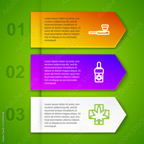 Set line Smoking pipe, Marijuana or cannabis olive oil, Medical marijuana leaf and bottle with. Business infographic template. Vector