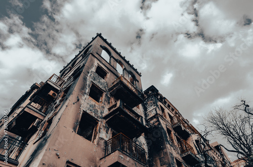 destroyed and burned houses in the city during the war in Ukraine