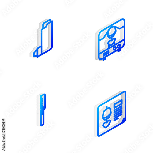 Set Isometric line X-ray machine, Inhaler, Medical saw and shots icon. Vector