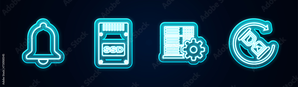 Set line Ringing bell, SSD card, Server setting and Waiting. Glowing neon icon. Vector Set line Ringing bell, SSD card, Server setting and Waiting. Glowing neon icon. Vector