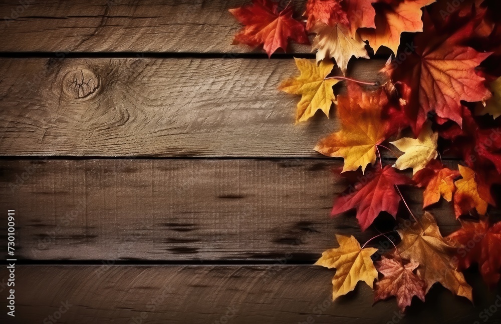 Obraz premium Autumn yellow red leafs border frame on dark brown barn wood planks background. Horizontal postcard template. Empty space for copy, text, lettering.