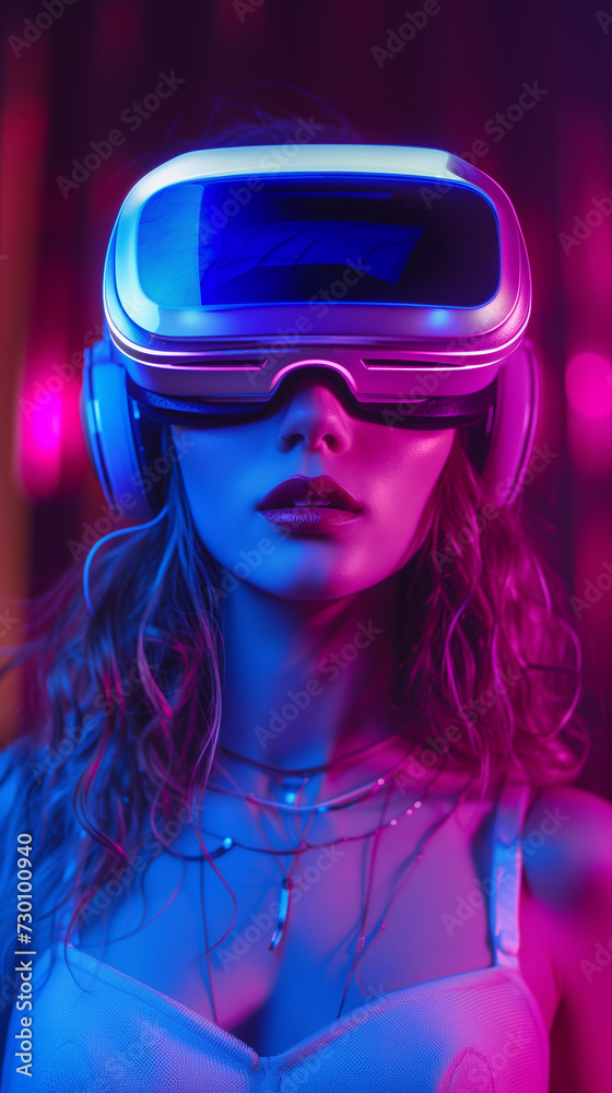 A woman wearing a futuristic virtual headset, experiencing immersive digital content A woman wearing a futuristic virtual headset, experiencing immersive digital content