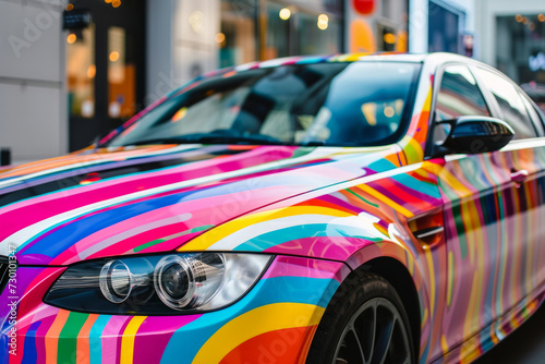 A vibrant pink car with a stunning and eye-catching paint job. close up graffiti car with city.