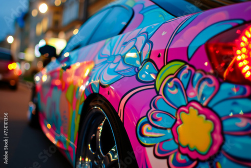 A vibrant pink car with a stunning and eye-catching paint job. close up graffiti car with city. photo